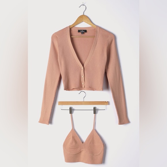 Lulus// Two Cute Peach Ribbed Knit Crop Top and Cardigan Sweater Set - Picture 9 of 12